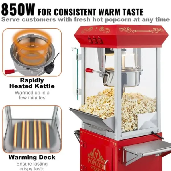 Popcornmaskine med vogn, 850W, 8 Oz, 48 kopper, hurtig opvarmning, perfekt til fester og biografoplevelser. Outlet