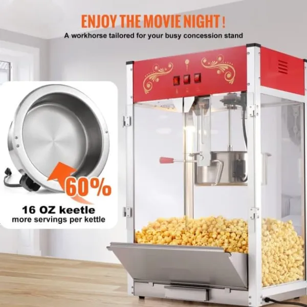 Popcornmaskine 1615W, 16 Oz, bordplade-hjemmaskine i rød, hurtig opvarmning, perfekt til film-aftener og fester. Best