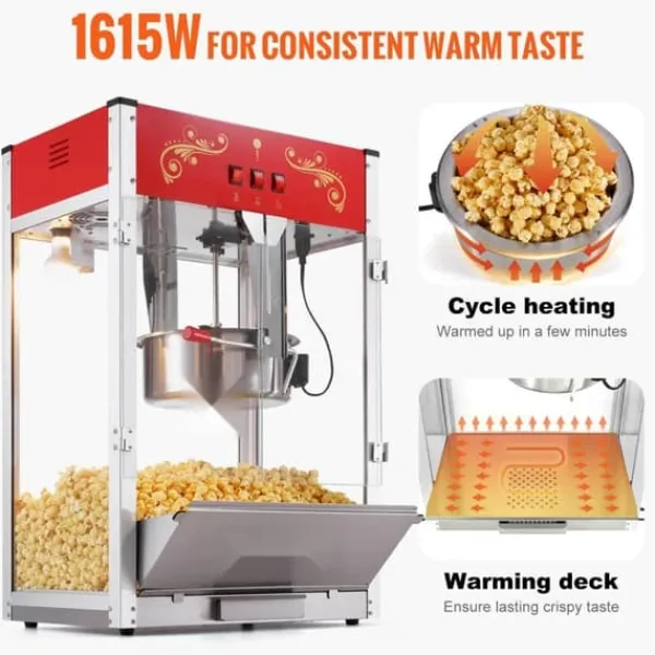 Popcornmaskine 1615W, 16 Oz, bordplade-hjemmaskine i rød, hurtig opvarmning, perfekt til film-aftener og fester. Best