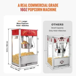 Popcornmaskine 1615W, 16 Oz, bordplade-hjemmaskine i rød, hurtig opvarmning, perfekt til film-aftener og fester. Best