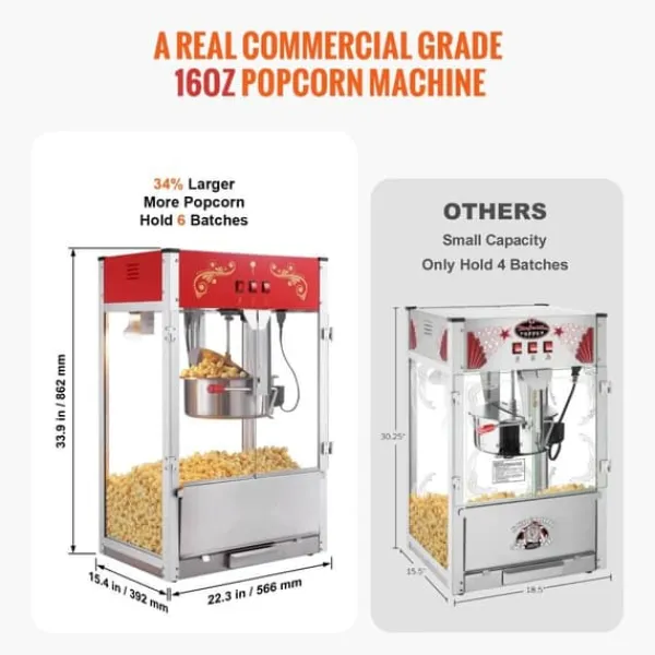 Popcornmaskine 1615W, 16 Oz, bordplade-hjemmaskine i rød, hurtig opvarmning, perfekt til film-aftener og fester. Best