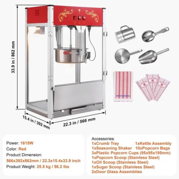 Popcornmaskine 1615W, 16 Oz, bordplade-hjemmaskine i rød, hurtig opvarmning, perfekt til film-aftener og fester. Best