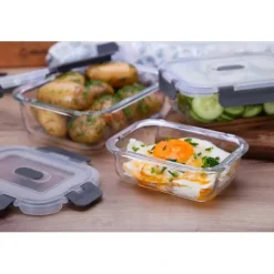 Beholdere Til Madopbevaring>Rektangulær varmebestandig glasbeholder med låg, skandinavisk lufttæt, 370 ml til fødevarer, tæt klipslukning