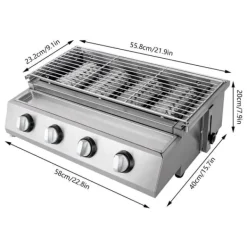 Bord-Gasgrill>Røgfri gasgrill, bordmodel med 4 brændere i rustfrit stål, LPG/propan, bærbar til udendørs/camping, lys sølv