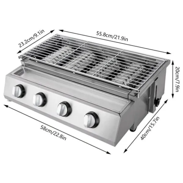 Bord-Gasgrill>Røgfri gasgrill, bordmodel med 4 brændere i rustfrit stål, LPG/propan, bærbar til udendørs/camping, lys sølv