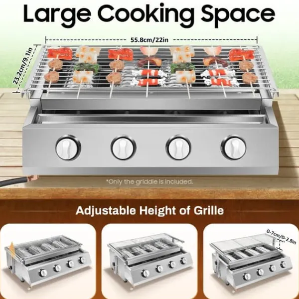 Bord-Gasgrill>Røgfri gasgrill, bordmodel med 4 brændere i rustfrit stål, LPG/propan, bærbar til udendørs/camping, lys sølv
