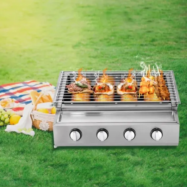 Bord-Gasgrill>Røgfri gasgrill, bordmodel med 4 brændere i rustfrit stål, LPG/propan, bærbar til udendørs/camping, lys sølv