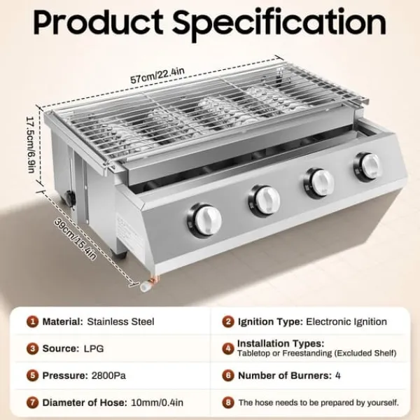Bord-Gasgrill>Røgfri gasgrill, bordmodel med 4 brændere i rustfrit stål, LPG/propan, bærbar til udendørs/camping, lys sølv