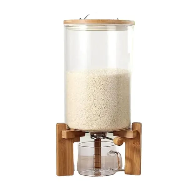Risdispenser, 7,5 liters kapacitet, glas og bambusmateriale, dimensioner 20 cm diameter x 45 cm højde, tætsluttende og støvafvisende design