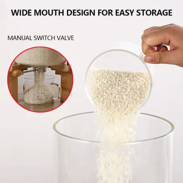 Risdispenser, 7,5 liters kapacitet, glas og bambusmateriale, dimensioner 20 cm diameter x 45 cm højde, tætsluttende og støvafvisende design