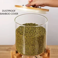 Risdispenser, 7,5 liters kapacitet, glas og bambusmateriale, dimensioner 20 cm diameter x 45 cm højde, tætsluttende og støvafvisende design
