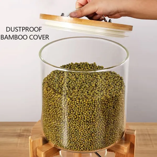 Risdispenser, 7,5 liters kapacitet, glas og bambusmateriale, dimensioner 20 cm diameter x 45 cm højde, tætsluttende og støvafvisende design
