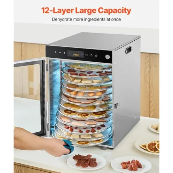 Dehydratorer>Roterende Madtørremaskine, 12 Bakker, Rustfrit Stål, 800W, Hurtig Frugttørring