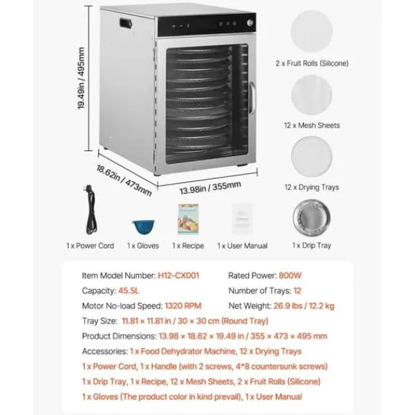 Dehydratorer>Roterende Madtørremaskine, 12 Bakker, Rustfrit Stål, 800W, Hurtig Frugttørring
