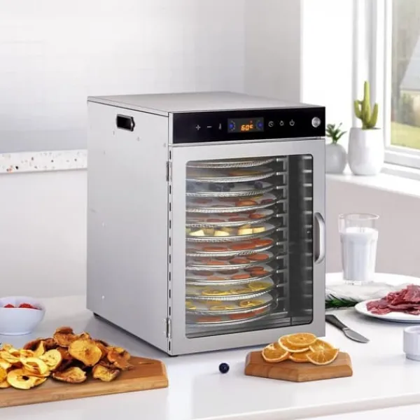 Dehydratorer>Roterende Madtørremaskine, 12 Bakker, Rustfrit Stål, 800W, Hurtig Frugttørring