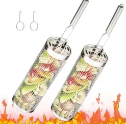 Rullende grillkurv, grillkurv i rustfrit stål med aftageligt håndtag - sæt med 2, perfekt til camping og have Hot