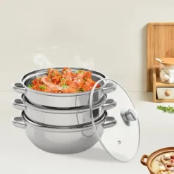 Rustfrit Stål Dampgryde, 3-Lags Design, Kompatibel med Alle Komfurer, Holdbart Glaslåg Discount