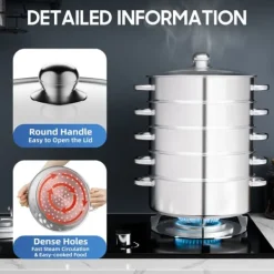 Rustfrit Stål Dampkoger, 5 Lag, 15 kg Kapacitet Hver, Opvaskemaskine-Sikker, 35 cm Diameter, 39 cm Højde Outlet