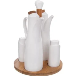 Salt- & Peberstrøere>Saltbøsse, peberbøsse, olie- og eddikeflasker, porcelæn, med stativ, WHITELINE, 5 stk.