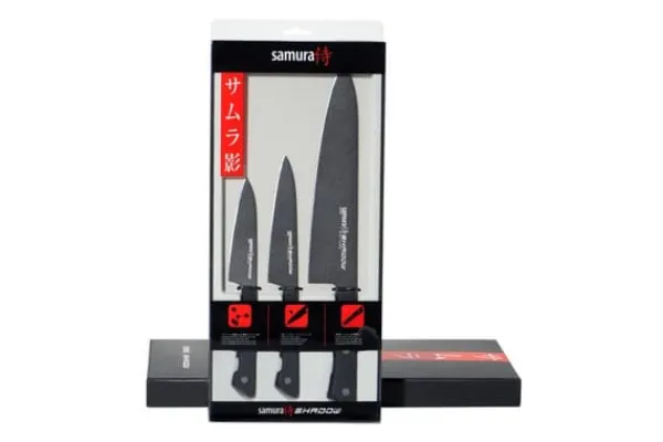 SAMURA Køkkenknive>Shadow køkkenkniv til begyndere, 3-delt knivsæt med 15 cm universalkniv, 9 cm grøntsagskniv og 21 cm kokkekniv. Fremstillet af ægte japansk stå | CDON