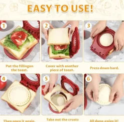 Sandwichmaskine, uden skorpe, rund lomme, sandwichskærer og -lukker, børnesandwichskærer, morgenmads- og madkasse, rød Outlet