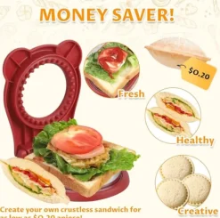 Sandwichmaskine, uden skorpe, rund lomme, sandwichskærer og -lukker, børnesandwichskærer, morgenmads- og madkasse, rød Outlet