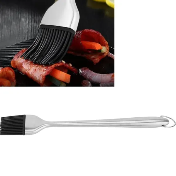 Silikonebørste Rustfrit stålhåndtag Højtemperaturbestandig Køkkenbagning Grill Sauce OliebørsteHult håndtag Rundt hoved L Clearance