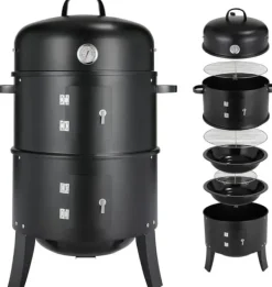 Smoker rygegrill 3‑i‑1 - Kulgrill vandsmoker - Med håndtag - 2 rustfri riste - Indbygget termometer og låg - Pulverlakeret stål Hot