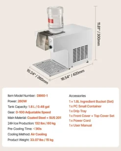 Snefnug-ismaskine - Elektrisk Ismaskine - Kapacitet 60 kg/24 t - Rustfri Stålklinge - Tank 1,8 l - Hurtig Forkøling 90 s - Til Hjem og Små Fester Discount