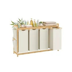 SONGMICS vasketøjskurv 4 rum 4 x 50 L 124,6 x 33 x 78 cm Cremehvid Clearance