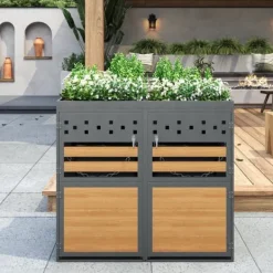 2-spands skraldespand (120-240L) med plantbart tag – Grå trælåge, udvidelig skraldespand – Uden spand Clearance