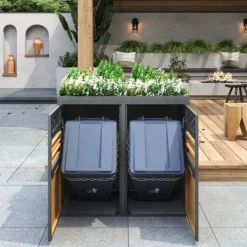 2-spands skraldespand (120-240L) med plantbart tag – Grå trælåge, udvidelig skraldespand – Uden spand Clearance