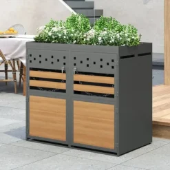 2-spands skraldespand (120-240L) med plantbart tag – Grå trælåge, udvidelig skraldespand – Uden spand Clearance