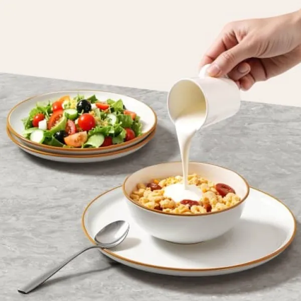 Tallerkener & Bordservicer>Spisestel, 18-dele keramik, 27x2,5x21 cm, elfenben, ridsefast