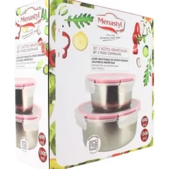 Beholdere Til Madopbevaring>Sæt med 2 lufttætte beholdere med låg - MENASTYL - 5040178 - Rustfrit stål - Rund - 15 og 20 cm - Tåler mikrobølgeovn