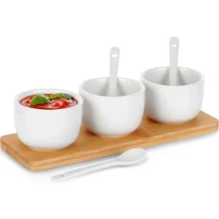 Tilbehør Til Madservering>SÆT SKÅLE MED SKE PÅ BRÆD TIL SERVERING AF SAVSER OG SNACKS 139687