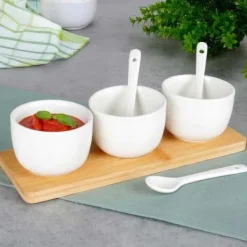 Tilbehør Til Madservering>SÆT SKÅLE MED SKE PÅ BRÆD TIL SERVERING AF SAVSER OG SNACKS 139687