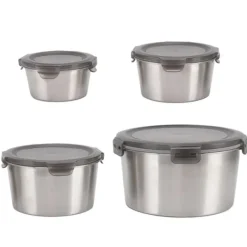 Beholdere Til Madopbevaring>Stor kapacitet rund rustfrit stål fødevareopbevaringsbeholdersæt - 4 stk med låg