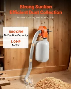 Grovstøvsugere>Støvopsamler/Spånsuger - Vægmonteret - Motor 1 hk - Luftflow 560 CFM (950 m³/h) - Filterpose 2,5 µm - Til Træbearbejdning og Værksted