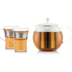 Bodum Kaffe- & Tekander>Tekande med tryk - - ASSAM SET - 1,0 l med filter i rustfrit stål, plastiklåg + 2 glaskopper med hank i rustfrit stål 0,35 l