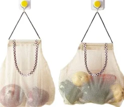Madopbevaringsposer>Återanvändbara hängande nätpåsar for frugt og grønsaker til frugt, grønt, potatis, løg, paprika eller grønt, 3-pack