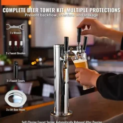 Triple Taps Fadølstårndispenser, rustfrit stål, Kegerator Tower Kit med slanger og selvlukkende vandhane, perfekt til fest