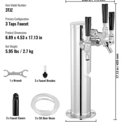 Triple Taps Fadølstårndispenser, rustfrit stål, Kegerator Tower Kit med slanger og selvlukkende vandhane, perfekt til fest