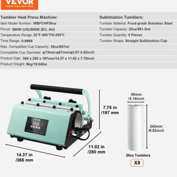 Damppresser>Tumbler varmeoverførselsmaskine sæt, 36,5x28x19,7 cm, rustfrit stål