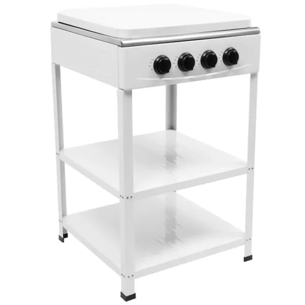 Udendørs gaskomfur - 4-blus komfur - To opbevaringshylder - 4 drejeknapper med individuel kontrol - Manuel tænding - Rektangulær jernramme - Hvid Hot