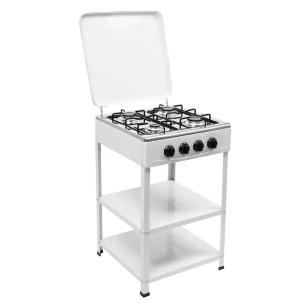 Udendørs gaskomfur - 4-blus komfur - To opbevaringshylder - 4 drejeknapper med individuel kontrol - Manuel tænding - Rektangulær jernramme - Hvid Hot