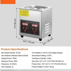 Ultrasonic Cleaner med digital timer og varme, professionel rengøringsmaskine til smykker, briller og små dele (2L) i rustfrit stål. Outlet