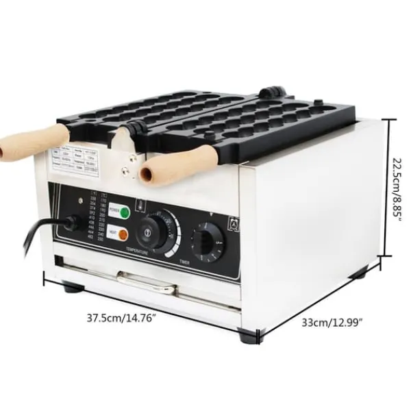 Vaffeljern>Vaffeljern, Effekt 1500W, Spænding 220V, Justerbar Temperatur 50-300°C, Bagetray Størrelse 30,5 x 29 cm, Timer Område 1-5 minutter