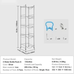Vandkandeholder 5-etagers, enkeltrækkende vandflaskestativ til 5 flasker, sølvfinish, pladsbesparende design Hot