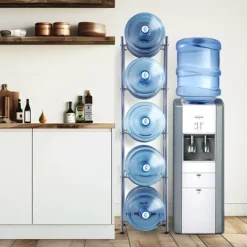 Vandkandeholder 5-etagers, enkeltrækkende vandflaskestativ til 5 flasker, sølvfinish, pladsbesparende design Hot